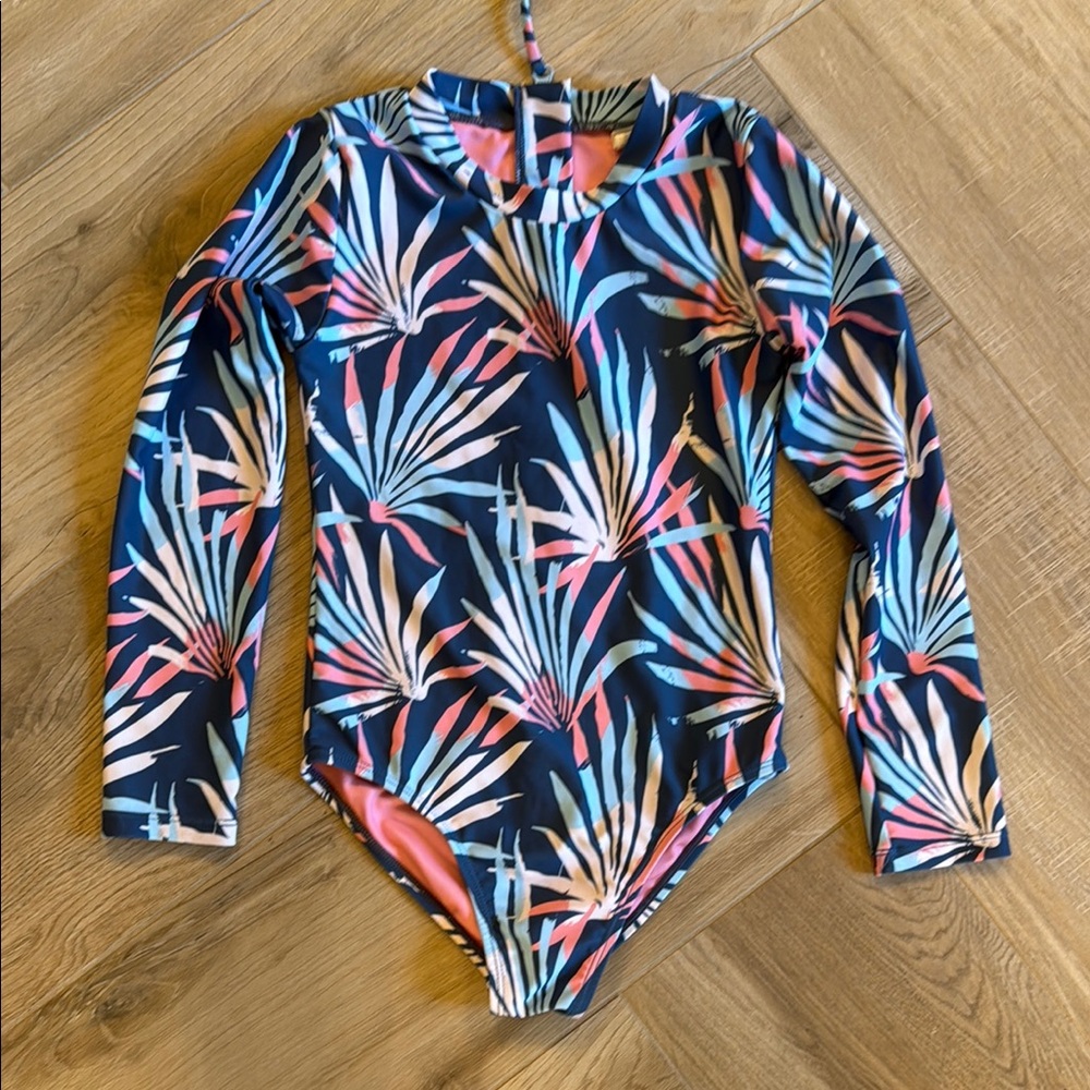 Vibrant Blue and Pink One Piece Swim with Long Sleeves